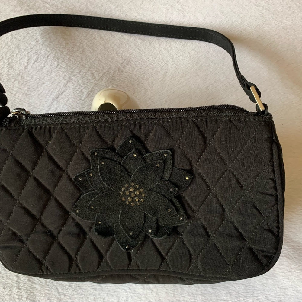 VERA BRADLEY Gigi black quilted crystals flower Mini shoulder Baguette VGUC+++